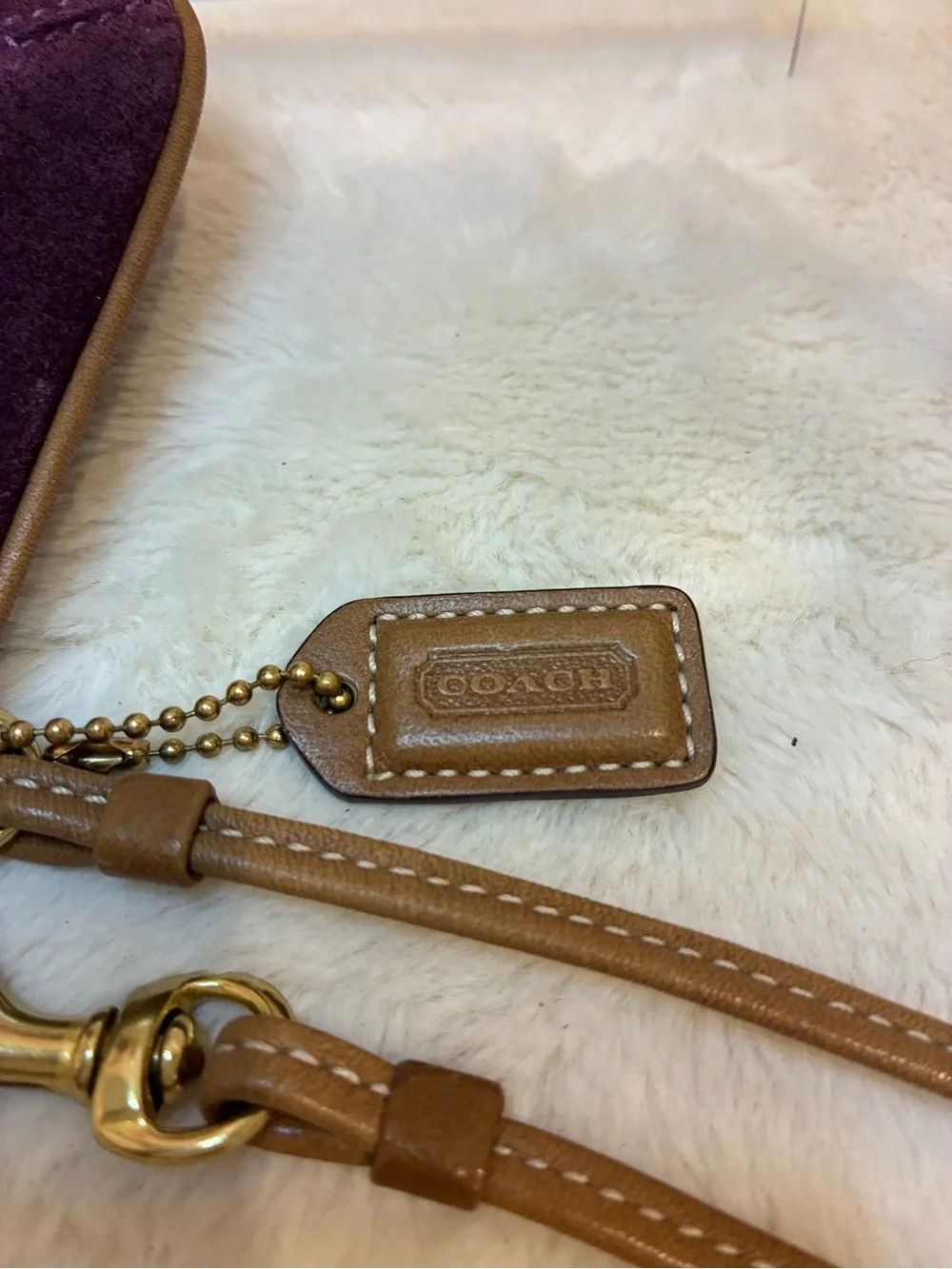 Coach Purple Suede Wristlet Clutch Brown Leather Trim Brass Grommet Y2K Vintage